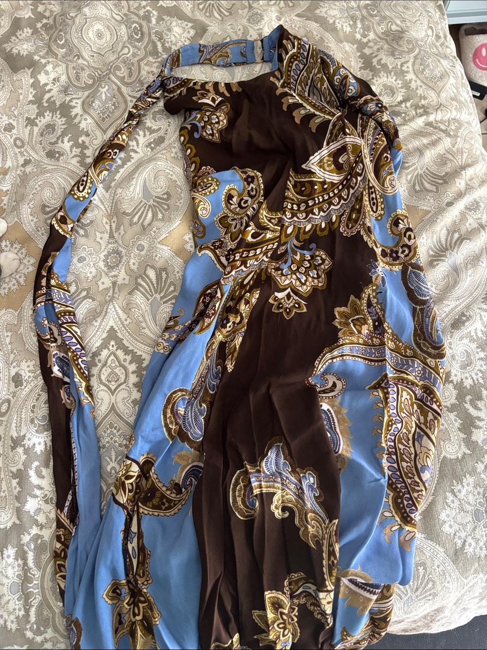 HEMANT & NANDITA One-Shoulder Blue and Brown Paisley Gown - Picture 4 of 7